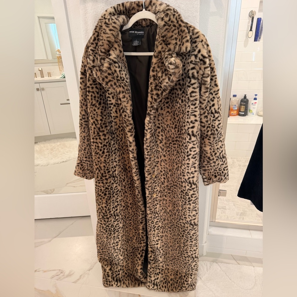 Mark Edwards Studio Faux Leopard Print Long Trench Coat (L)